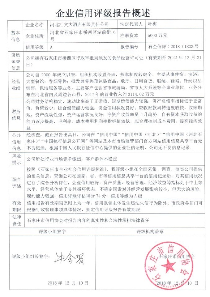 河北汇文大酒店有限责任公司