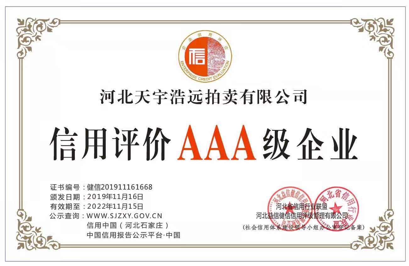 河北天宇浩远拍卖有限公司证书
